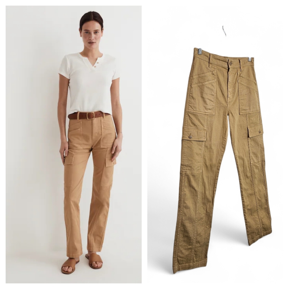 Madewell Cargo Pants 25 90s Straight High Rise Herringbone Utility Sand Dune Tan